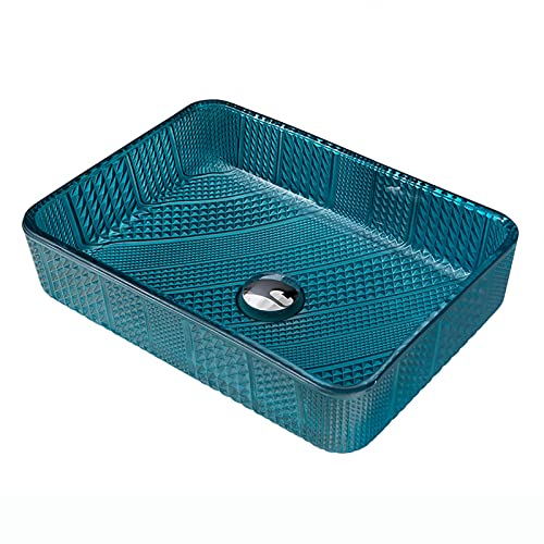 SHUGUANG Lavabo de Vidrio, Lavabo Cristal Azul Rectangular Lavamanos Cristal Baño, Lavabo sobre Encimera para Baño con Anillo de Montaje, Drenaje de Agua, 460×330×120mm,Single Sink