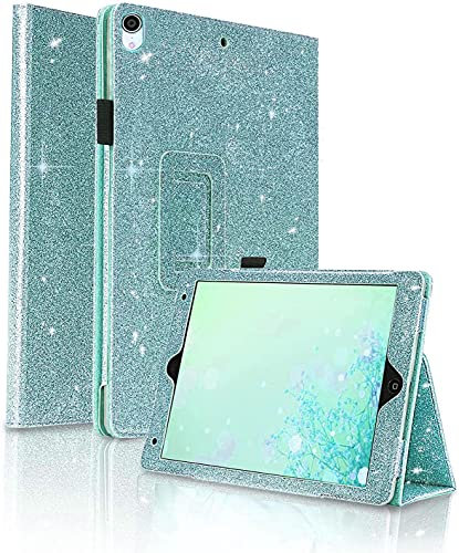 Glitter iPad 7th/8th/9th Generation 10.2 Inch Sparkle Flip Stand Smart Case Cover, Sparkle Flip Stand Smart with Auto Sleep/Wake/Transparent PC Back Cover for iPad 2020/2021 (Flip Sky Blue Glitter)