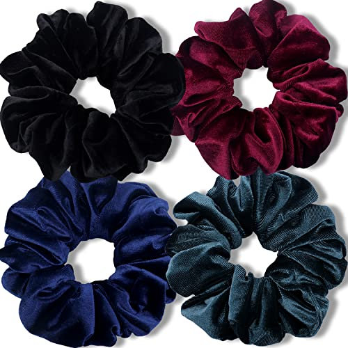 IVARYSS Extra große Haargummis für dickes Haar, Premium Samt Soft Jumbo Scrunchy, XL 15,2 cm großes Gummiband Haarschmuck, 4 Stück, dunkel