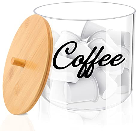 homicozy Coffee Pod Holder with Bamboo Lid, Large Capacity 80-Ounce Clear Countertop Storage for Coffee Capsules, K Cup Organizer for Keurig/Nespresso, coffee filter holder, Coffee Bar Accessories
