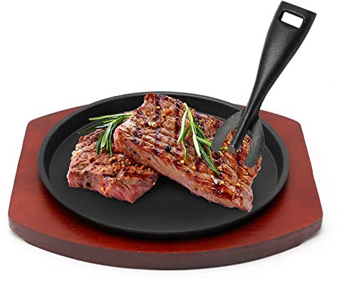 VIKKSAER Piatto da bistecca in ghisa da 21,8 cm, piatto frizzante con base in legno e pinza per piastra calda, piatto per bistecca grill Fajita, per ristorante, casa, cucina, accessorio da cucina