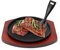 VIKKSAER Piatto da bistecca in ghisa da 21,8 cm, piatto frizzante con base in legno e pinza per piastra calda, piatto per bistecca grill Fajita, per ristorante, casa, cucina, accessorio da cucina
