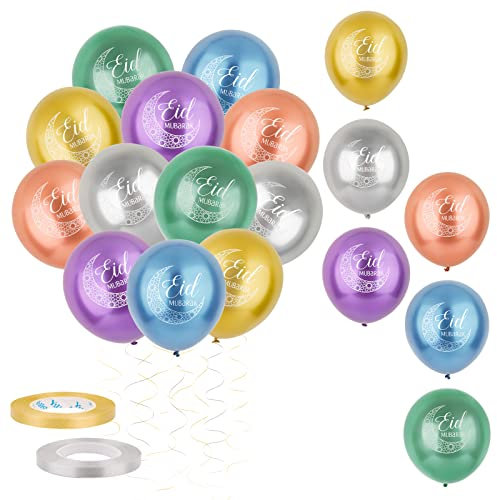 COLOFALLA 30 Pcs Eid Mubarak Luftballons Ramadan Deko Bunt Ballons Islamische Feiern Muslim Party Dekoration mit 4 Bänder (Bunt)
