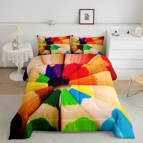 Loussiesd Regenbogen 4-Jahreszeiten Bettdecke Mehrfach Farbig Bleistift Bettdecke 155x220cm für Kinder Jungs Dekor Winter Sommer Bettdecke Bleistift Muster Steppbett Bunt Technische Steppdecke