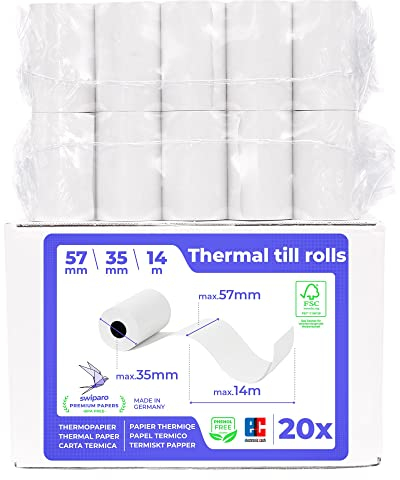 SWIPARO - Ec-Cash Thermorollen 57mm x 14m x 12mm - Kassenrollen - Thermopapier - Bonrollen für Bankomat - Kredit-Kartenlesegeräte mit SEPA-Lastschrifttext (20 Stk.)