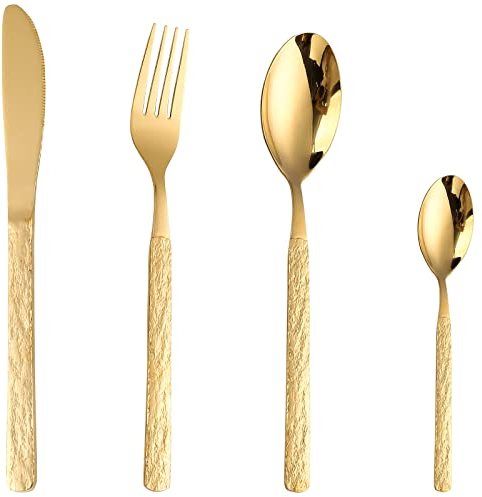CAOPAOTI Gold Cutlery Set Serving for 6 People, 24 Piece Stainless Steel Spoon Knife and Fork Sets, Unique Pattern Design Silverware Tableware, Dishwasher Safe