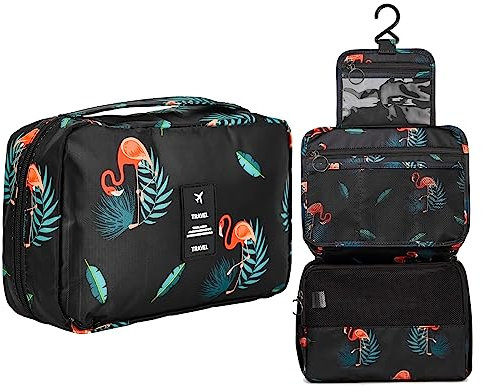 Reise Kosmetiktasche, Groß Schwarz Flamingo Kulturtasche zum Aufhängen für Damen, Urlaub Must Haves Kulturbeutel Kosmetik Organizer Tasche schminktasche für Mädchen