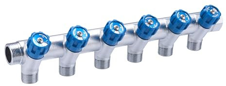 Collettore maschio-femmina 3/4 con rubinetto blu e 6 uscite maschio 1/2 | Ottone | Connessione sicura e durevole | Ideale per impianti idraulici | Facile da installare | QUICK PLOMBERIE