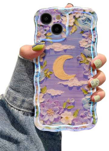 EYZUTAK Case for iPhone 13, Colorful Retro Oil Painting Flower Moon Pattern Laser Cute Curly Wave Edge Exquisite Phone Cover Stylish Durable TPU Protective Case for Girls Women - Purple White
