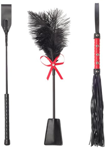 Fumwase 3 Pcs Sex Whip and Crop Set BDSM Whip Leather Horse Crop Feather Tickler for Adults Bedroom Play Sex Play Toys for Couples