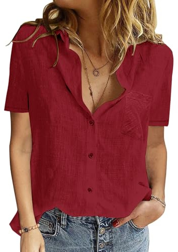 PASUDA Blusas de Mujer Algodón Camiseta Manga Corta Elegante Verano Camisa con Botón Cuello en V Casual Blusa Shirts Tunic Tops (Vino Rojo, M)