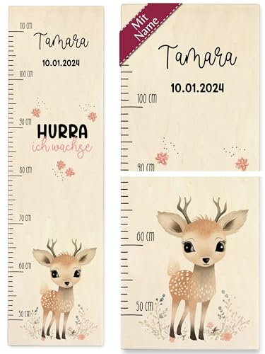 Messlatte Kind Holz - Hurra ich wachse Reh mit Name und Datum Kindermesslatte I Babymesslatte Jungen Mädchen - 50-110 cm - Holz - kinder personalisierte tier grössenmesser tiere messlatten für