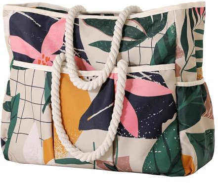 Vomgomfom 30L Große Strandtasche mit Reißverschluss, Faltbare Mehrtaschen für Einkauf Strand Lebensmittelgeschäft Fitnessstudio, Tartan