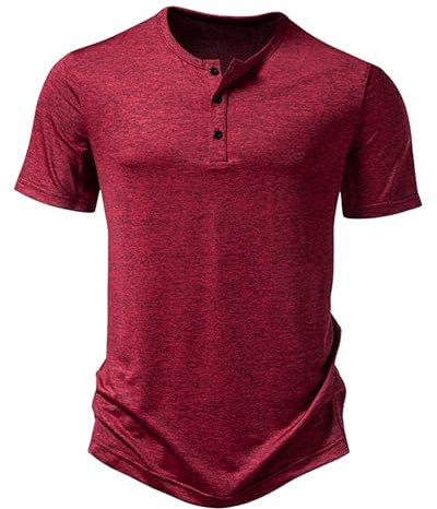 Men's Casual Grandad Collar Henley T Shirt Muscle Fit Summer Smart Short Sleeve 3 Buttons Tee Slim Fitted Collarless Polo T-Shirts Tops-Burgundy-L