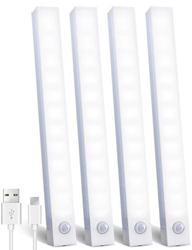 KALAHOL Under Cabinet Kitchen Lights 4 Pack, USB Motion Sensor Lights Indoor, Cupboard Light, 4 Modes, USB Type-C, Stepless Dimming, for Kitchen Wardrobe Bedroom Stairs (Cold White)