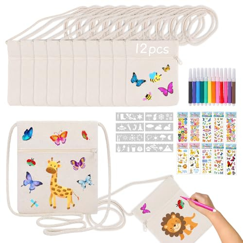 12 Stoffbeutel Zum Bemalen Taschen Zum Bemalen für Kinder Buntstifte | Aufkleber, Lineal,Taschen Bemalen Kindergeburtstag, Stoffbeutel ZumBemalenKindergeburtstag, für Kreatives Design & Geschenke