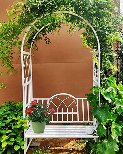 GLFNB Gartenlaube aus Metall mit Bank, schwarz-weißer Torbogen für Kletterrosen und Blumen als Dekoration für Partys und Veranstaltungen, robust, einfache Montage, 114 x 52 x 210 cm (Farbe: weiß)