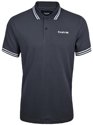 Firetrap Mens Polo Shirt Cotton Polos Tshirt Short Sleeve Summer Ribbed Tipping Collar Tshirts Top Charcoal L