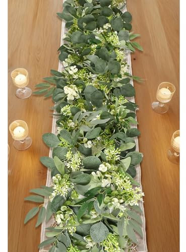 IWTTWY 2PCS Eucalyptus Garland, 6Ft Artificial Ivy Garland with Flower Gypsophila, Willow Leaves Garland Table Runner Vine Garland Hanging Decorations for Home Garden Wedding Ceremony Party