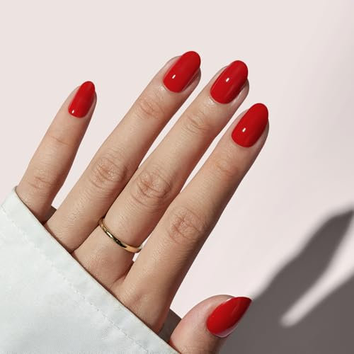 BTArtbox Short Press On Nails - Red Oval False Nails with Glue, Reusable Stick On Nails for Women in 16 Sizes, 32 Pcs Natural Fake Nail Kit, Mulled Wine