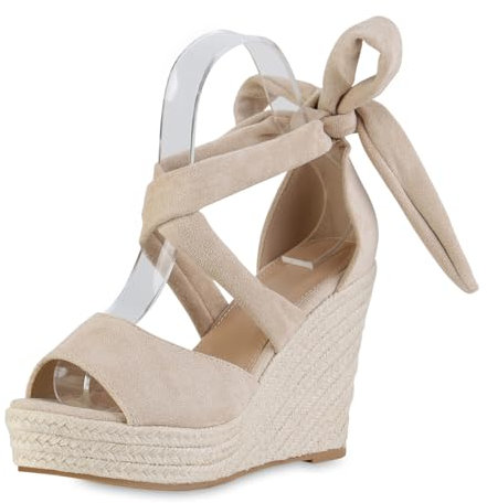 VAN HILL Damen Keilsandaletten Keilabsatz Bast Trendy Schuhe 216972 Beige 38