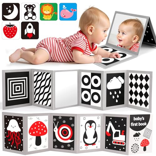 Kontrastkarten Kontrastbuch Baby mit Spiegel, Schwarz Weiss Kontrast Spielzeug Baby Tummy Time Toys, Kontrastspielzeug Baby Spielzeug ab 0 3 6 Monate, Neugeborenen Geschenk zur Geburt Mädchen Junge