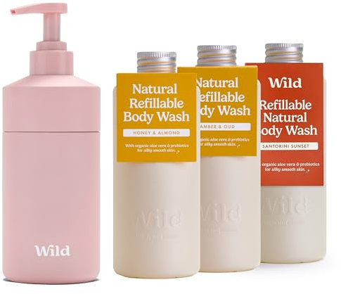 Wild Starter kit per bagnoschiuma naturale ricaricabile - Include una custodia in alluminio rosa e 3 ricariche di gel doccia - Aromi Honey & Almond, Amber & Oud e Santorini Sunset