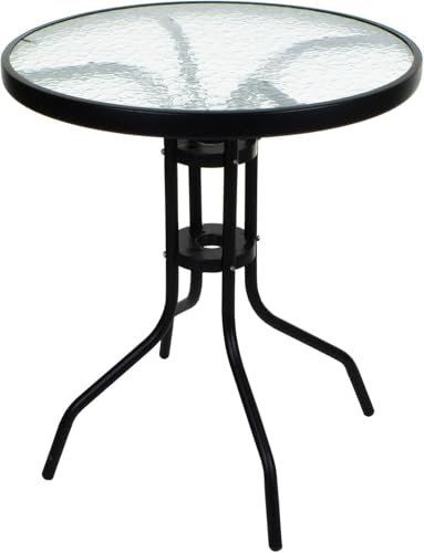 NMK HOME runder Balkontisch Ø 60 cm Schwarz – Bistrotisch aus Metall + Sicherheitsglas, wetterfest, pflegeleicht – Gartentisch für 2 Personen