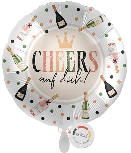 balloa Foil Balloon XXL Cheers auf Dich, Round Helium Balloon for Birthday, Balloon with Champagne Bottles Motif, Gift Idea Celebration Party Balloon Decoration Birthday Decoration 53 cm