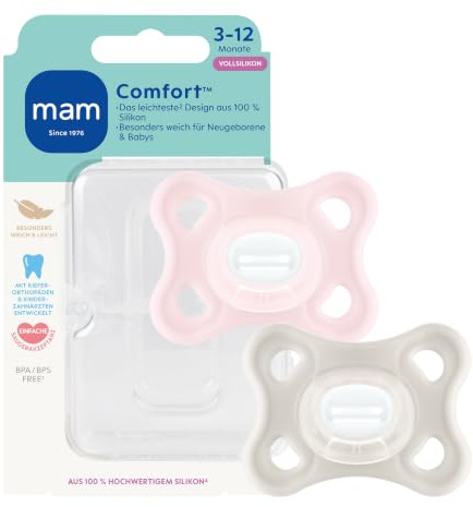 MAM Comfort Schnuller, 3-12 Monate, rosa/beige, 2 Stück | Extra leicht & klein für Babys, sanft zur sensiblen Haut, 100 % Silikon, zahnfreundlicher Sauger, inkl. Sterilisierbox