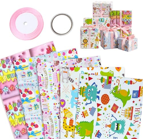 5er-Set Geschenkpapier Geburtstag Set 70x50cm Geschenkpapier mit Doppelseitigem Klebeband & Geschenkband Gift Wrapping Paper Geschenke Verpacken für Geschenke, Party-Deko, Kinder, Erwachsene