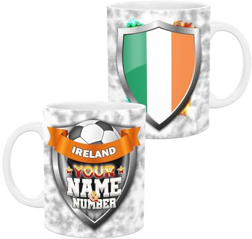lepni.me Personalised Ireland 11 oz. Football Mug with Irish Flag Badge and Your Name and Number | Ceramic Sport Game Cup for Coffee Tea | Fans Custom Gift