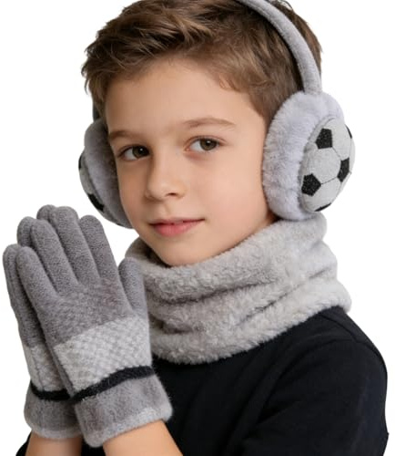 HTTDSLF Cache-oreilles Fille Couvre-oreilles D'hiver Garcon Chaud Hiver Fourreau d'Oreille, Cache Oreille en Peluche pour Enfant avec Motif de Football de Dessin Animé, Foulards et Gants Enfant