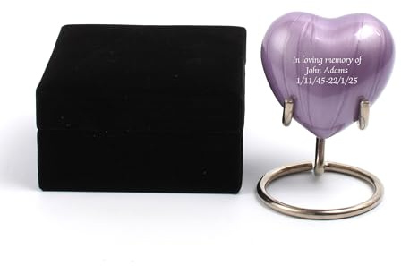 Small Heart Keepsake Cremation Urn for Ashes – 3-Inch Memorial Heart with Secure Screw Lid, Approx 15 Teaspoons Capacity, Includes Display Stand & Velvet Box (Purple-Text Engraved)