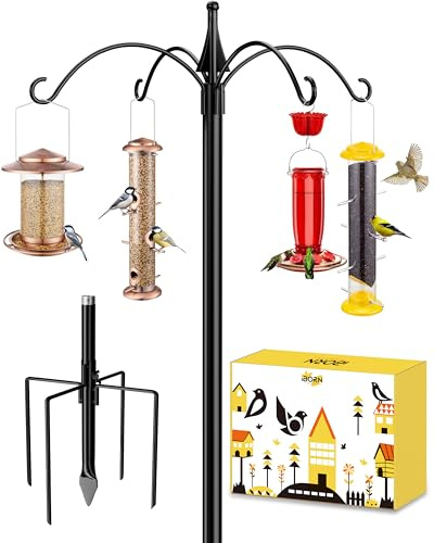 iBorn Bird Feeders Hanging Station 78Inch Wild Bird Feeding Station Pole Stand Outdoors Heavy Duty,1Inch Thickness Pole,4 Top Hooks, 5-Prong Poles Stabilizer(Bird Feeders NOT Included)