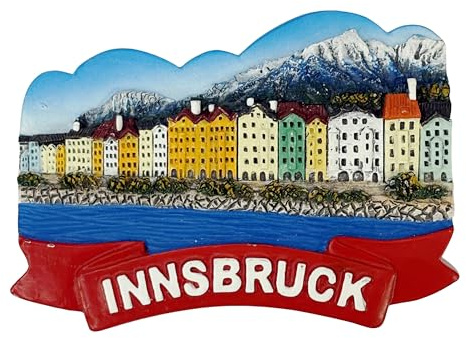 Kühlschrankmagnet Souvenir – Stadtansicht mit bunten Häusern & Alpen Motiv, 3D Magnet – Reiseandenken Mitbringsel & Geschenkidee - Innsbruck