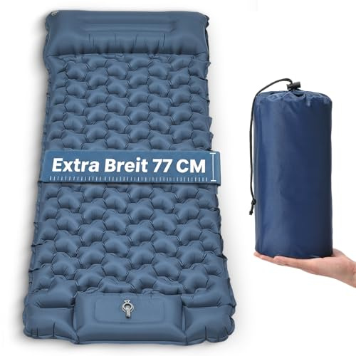 HAUSPROFI Materassino isolante da campeggio, extra largo, ultraleggero, gonfiabile, con cuscino integrato e pompa a piede, 197 x 77 x 10 cm, TPU 40D, dimensioni ridotte, per esterni e viaggi (blu