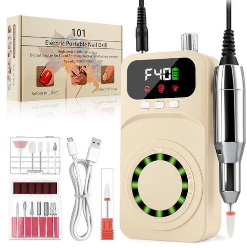 Vicloon Ponceuse pour Ongles Professionnelle, 40000 RPM Portable Rechargeable avec Affichage LCD et 12 Embouts Ponçage, sans Fil Rechargeable, pour Pédicure Manucure, Machine à Ongles de Qualité Salon