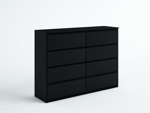 Masseno Kommode NUDO 138,5 cm Sideboard mit 8 Schubladen und Türen für Wohnzimmer Schlafzimmer Modern 138,5x39x101,5 cm Schwarz/Schwarz