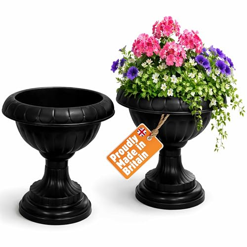 ADEPTNA Set of 2 Urn Planters 40cm Classical Round Grecian Diana Plastic Flowerpots with Pedestal Base Large Decorative Patio Balcony Front Door Plant Indoor Outdoor Weather Resistant (BLACK)