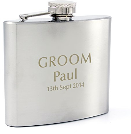Custom Personalised Stainless Steel 6oz Groom Wedding Hip Flask. Laser Engraved. Includes Funnel and Presentation Box.