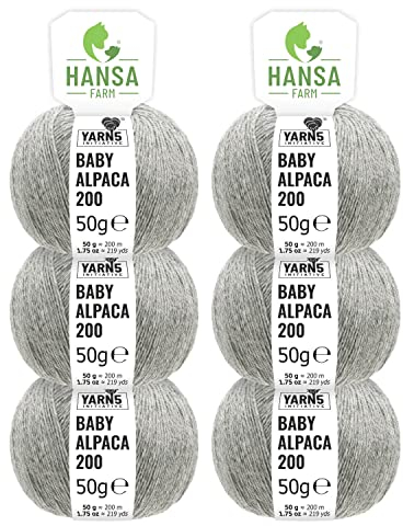 HANSA-FARM | 100% Baby Alpakawolle in 50+ Farben (kratzfrei) - 300g Set (6 x 50g) - weiche Alpaka Wolle zum Stricken & Häkeln in 6 Garnstärken by Hansa-Farm - Hellgrau (Grau)