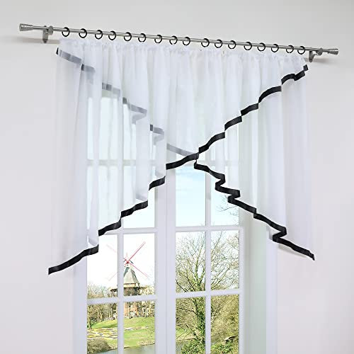 HongYa Kräuselband Kuvertstore Transparenter Voile Gardine mit Satinbänder H/B 100/300 cm Schwarz