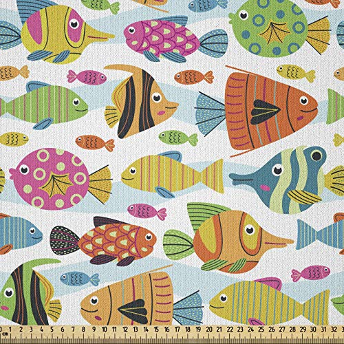 ABAKUHAUS Marine Stoff als Meterware, Bunte Cartoon Fische, Microfaser Multi Zweck Dekostoff für Kunsthandwerke, 3M (230x300cm), Mehrfarbig