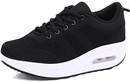 Women's Lightweight Sneakers,Trainers Ladies Casual Comfortable Walking Shoes Platform Wedges Breathable Running Shoes,Black White-911,4 UK