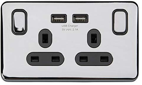 Schneider Electric Lisse Screwless Deco - Switched Double Power Socket with USB Charging Ports, Single Pole, 13A, GGBL30202USBABPCS, Polished Chrome with Black Insert