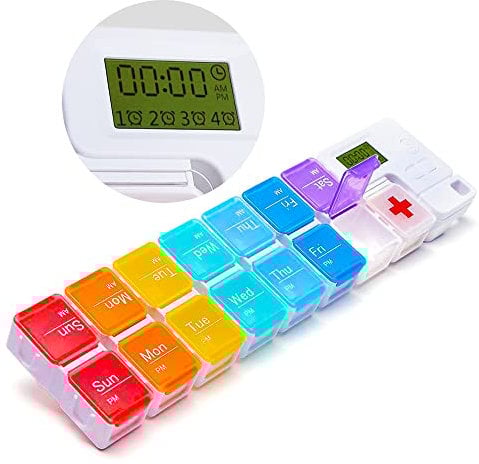7 Day Medicine Pill Organizer, 4 Reminder Alarms, Loud Sound, 14 Large Compartments, Large Screen, Moisture-Proof, Travel Weekly/Daily Pill Box/Organizer/Case/Container/Dispenser, AM/PM 2 Times a Day