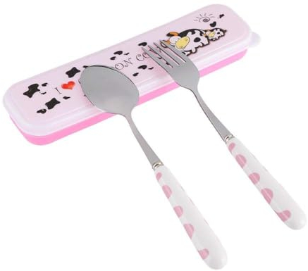 Dibujos animados Juego de Cubiertos para Niños, Juego de Tenedor y Cuchara con Caja de Cubiertos, Cubiertos para niños de acero inoxidable, juego de Cuchara y tenedores de viaje para escuela