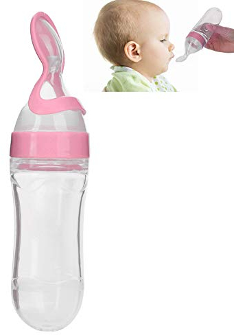 Alimentatore per Alimenti per Bambino 90 ml, Biberon in Silicone per Bambini con Cucchiaio Cucchiaino per Alimenti per Bambini con Frutta Fresca Ciuccio per Neonati Neonate(Rosa)