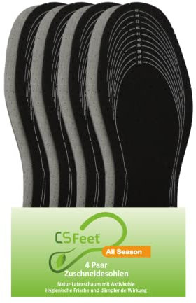 MADE IN GERMANY 4 Paar All Season Kohle Zuschneidesohlen - Natur-Latexschaum mit Aktivkohle. Hygienische Frische und dämpfende Wirkung